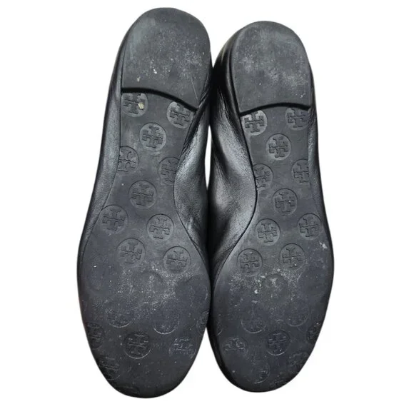 Tory Burch Reva Black Leather Ballet Flats Gold Logo Medallion Size 11 - Picture 7 of 10